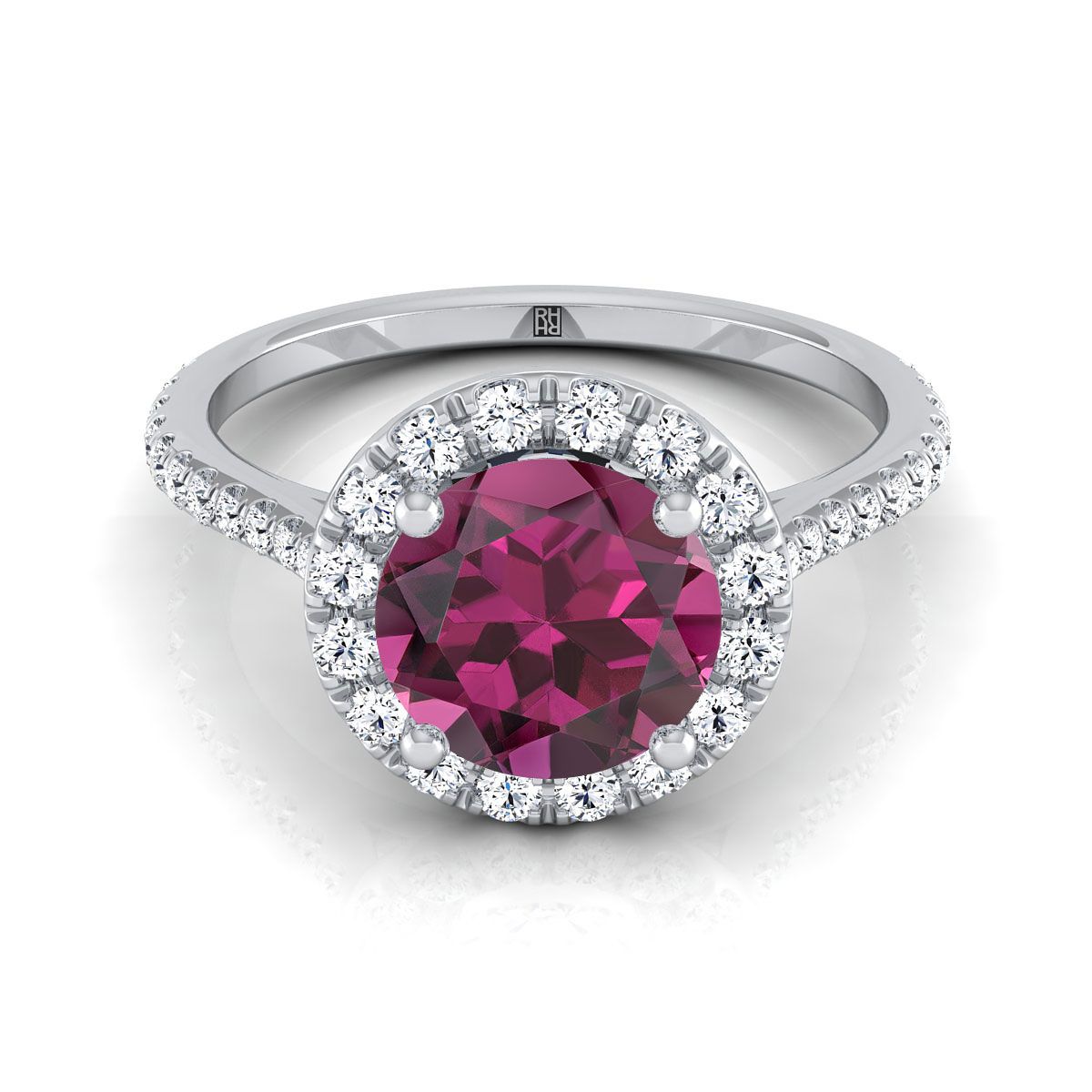 18K White Gold Garnet Garnet Halo Diamond Pave Engagement Ring -3/8ctw