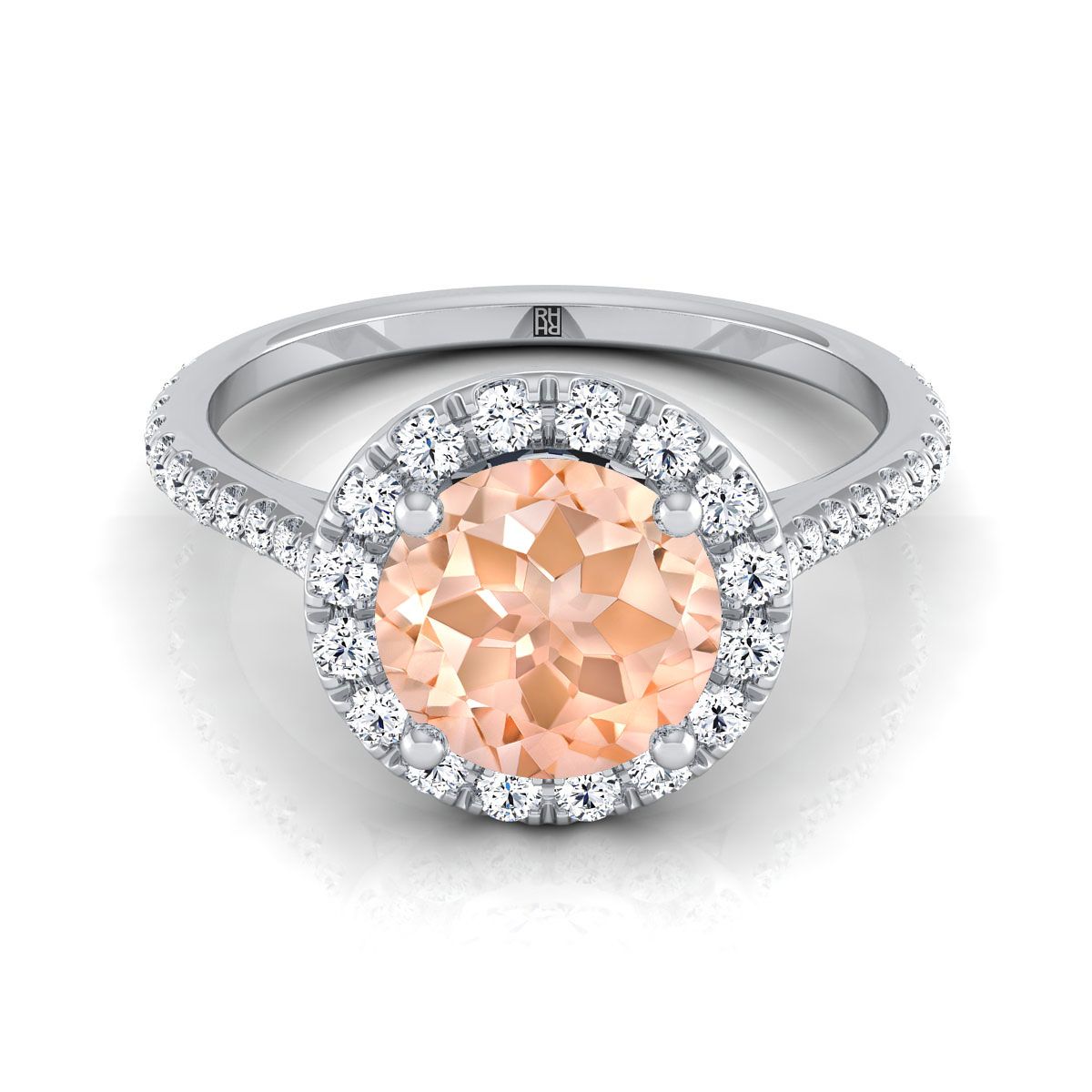 14K White Gold Morganite Morganite Halo Diamond Pave Engagement Ring -3/8ctw