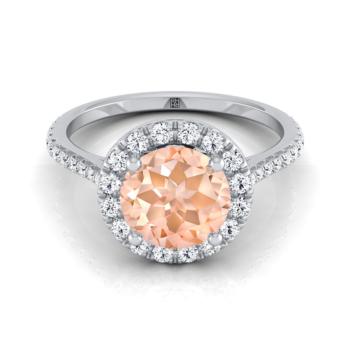 Platinum Morganite Morganite Halo Diamond Pave Engagement Ring -3/8ctw