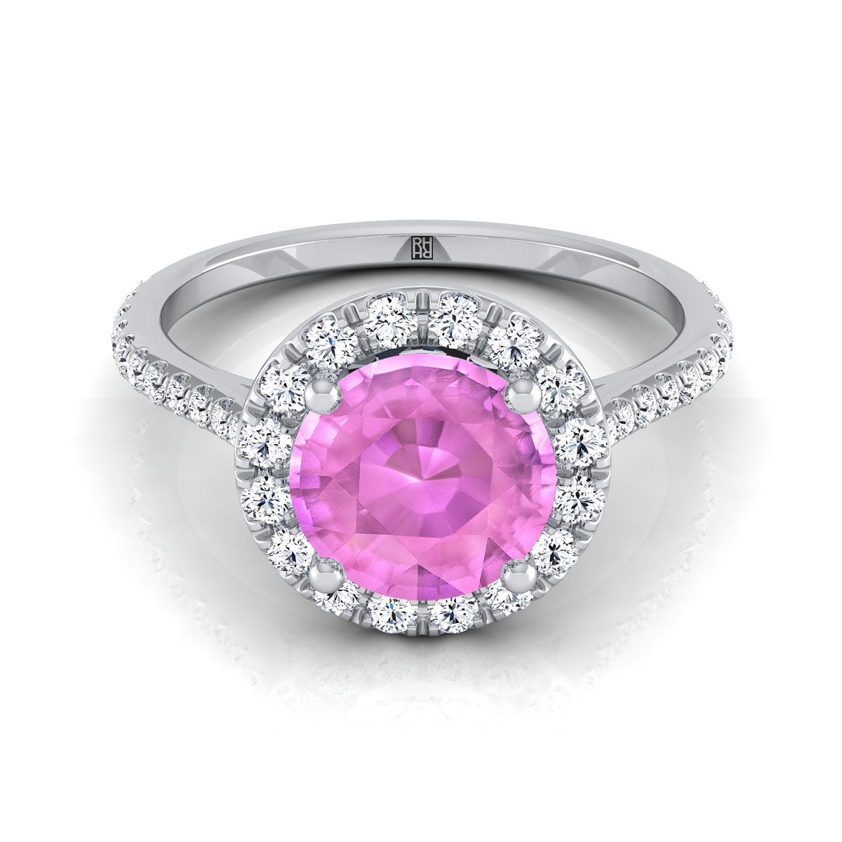 Platinum Pink Sapphire Pink Sapphire Halo Diamond Pave Engagement Ring -3/8ctw