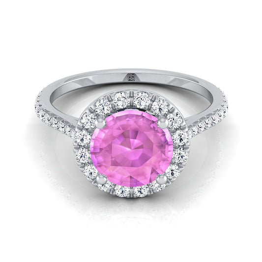 14K White Gold Pink Sapphire Pink Sapphire Halo Diamond Pave Engagement Ring -3/8ctw