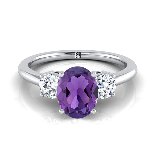 14K White Gold Oval Amethyst Perfectly Matched Round Three Stone Diamond Engagement Ring -1/4ctw