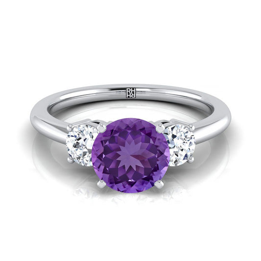 14K White Gold Round Brilliant Amethyst Perfectly Matched Round Three Stone Diamond Engagement Ring -1/4ctw