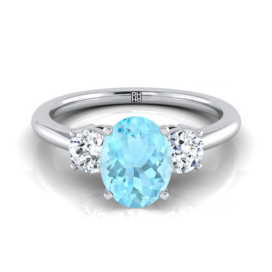 Platinum Oval Aquamarine Perfectly Matched Round Three Stone Diamond Engagement Ring -1/4ctw