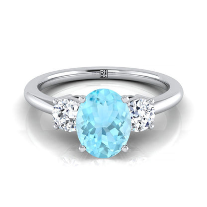 Platinum Oval Aquamarine Perfectly Matched Round Three Stone Diamond Engagement Ring -1/4ctw