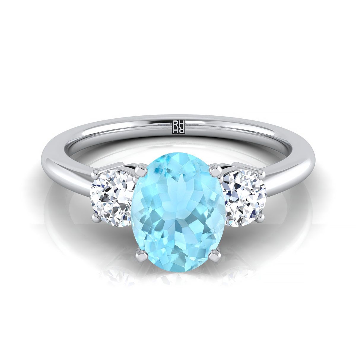 14K White Gold Oval Aquamarine Perfectly Matched Round Three Stone Diamond Engagement Ring -1/4ctw