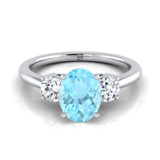 18K White Gold Oval Aquamarine Perfectly Matched Round Three Stone Diamond Engagement Ring -1/4ctw