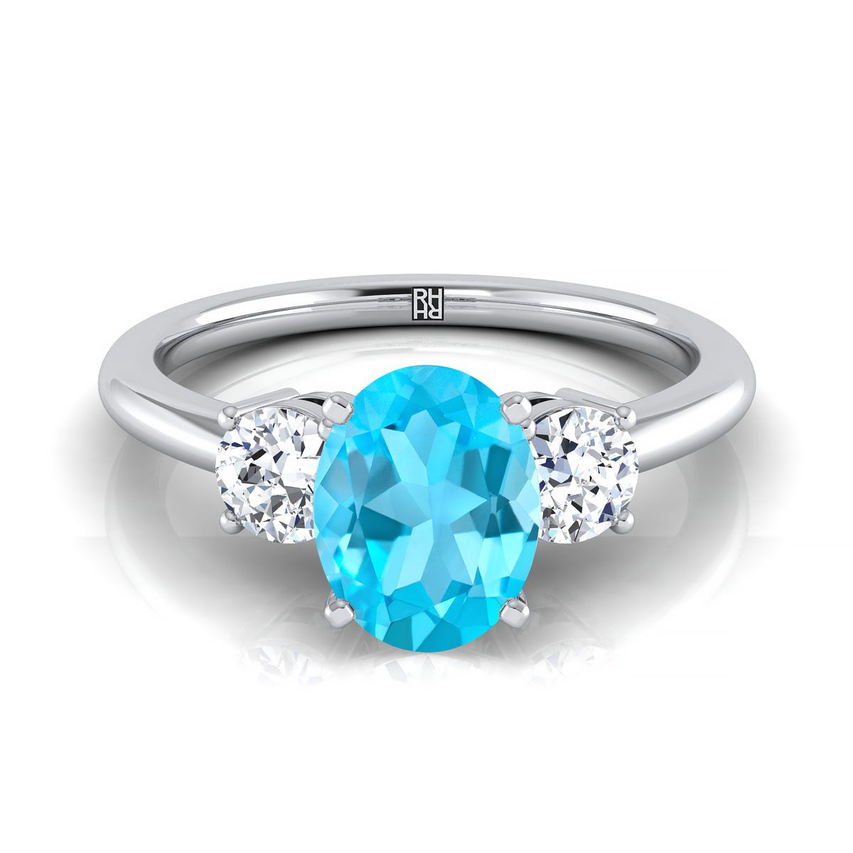 Platinum Oval Swiss Blue Topaz Perfectly Matched Round Three Stone Diamond Engagement Ring -1/4ctw