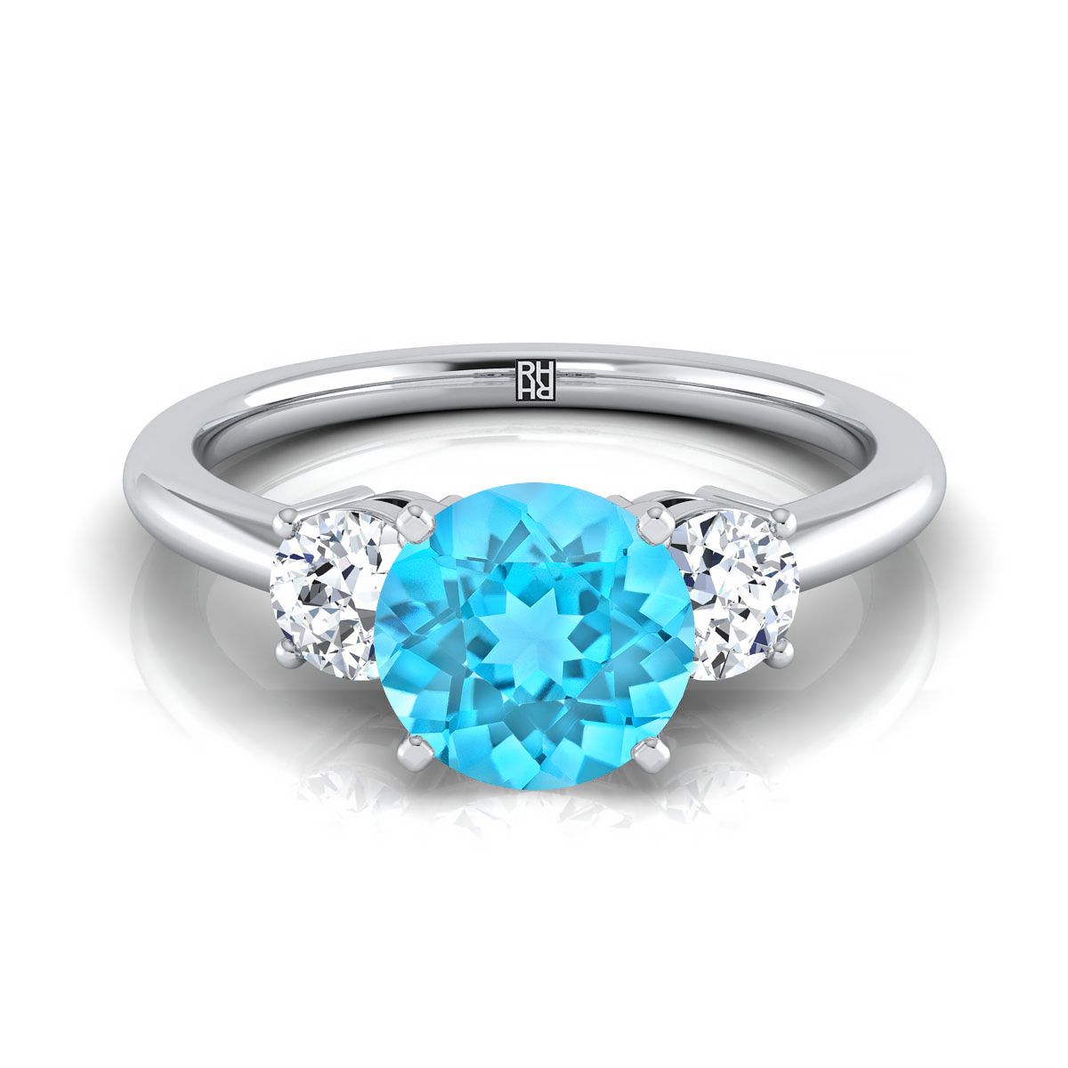 Platinum Round Brilliant Swiss Blue Topaz Perfectly Matched Round Three Stone Diamond Engagement Ring -1/4ctw