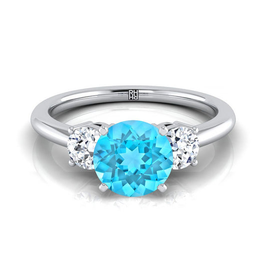 14K White Gold Round Brilliant Swiss Blue Topaz Perfectly Matched Round Three Stone Diamond Engagement Ring -1/4ctw