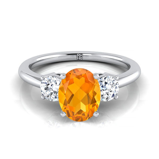 18K White Gold Oval Citrine Perfectly Matched Round Three Stone Diamond Engagement Ring -1/4ctw