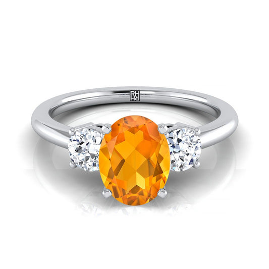 Platinum Oval Citrine Perfectly Matched Round Three Stone Diamond Engagement Ring -1/4ctw