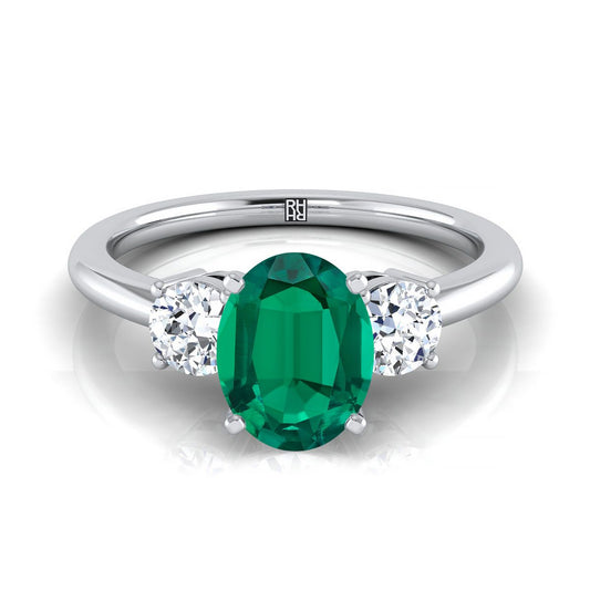 18K White Gold Oval Emerald Perfectly Matched Round Three Stone Diamond Engagement Ring -1/4ctw