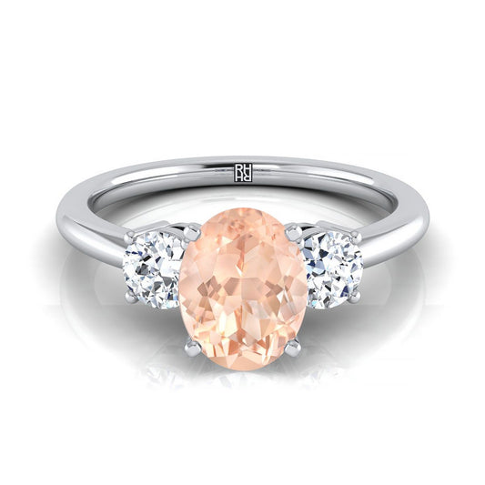 18K White Gold Oval Morganite Perfectly Matched Round Three Stone Diamond Engagement Ring -1/4ctw