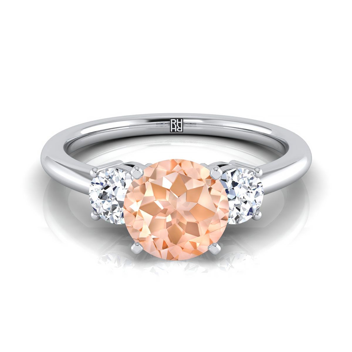 14K White Gold Round Brilliant Morganite Perfectly Matched Round Three Stone Diamond Engagement Ring -1/4ctw