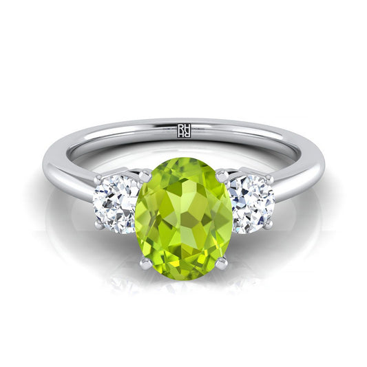 Platinum Oval Peridot Perfectly Matched Round Three Stone Diamond Engagement Ring -1/4ctw