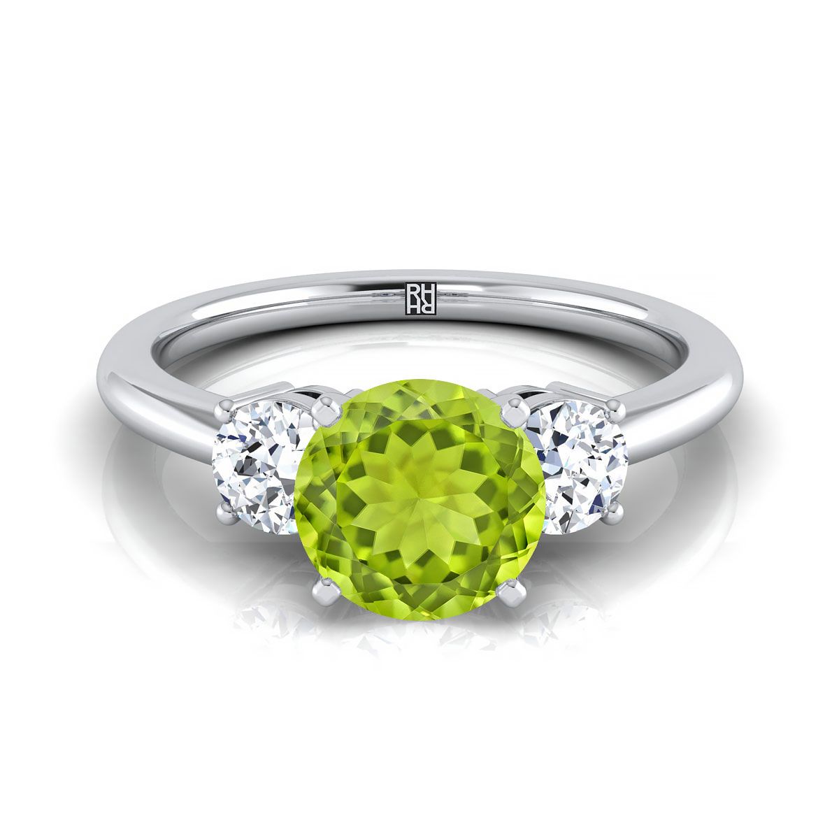 14K White Gold Round Brilliant Peridot Perfectly Matched Round Three Stone Diamond Engagement Ring -1/4ctw