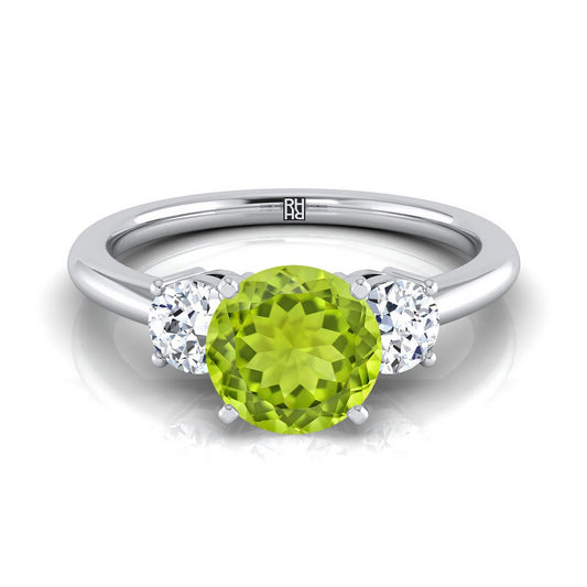 14K White Gold Round Brilliant Peridot Perfectly Matched Round Three Stone Diamond Engagement Ring -1/4ctw