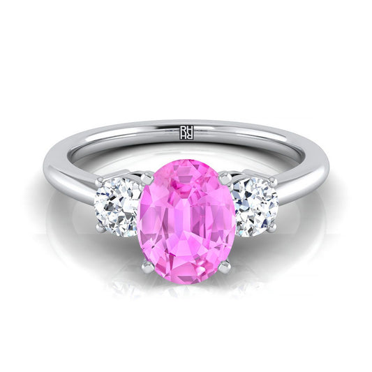Platinum Oval Pink Sapphire Perfectly Matched Round Three Stone Diamond Engagement Ring -1/4ctw