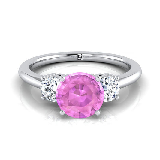 14K White Gold Round Brilliant Pink Sapphire Perfectly Matched Round Three Stone Diamond Engagement Ring -1/4ctw
