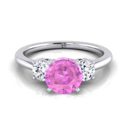 Platinum Round Brilliant Pink Sapphire Perfectly Matched Round Three Stone Diamond Engagement Ring -1/4ctw