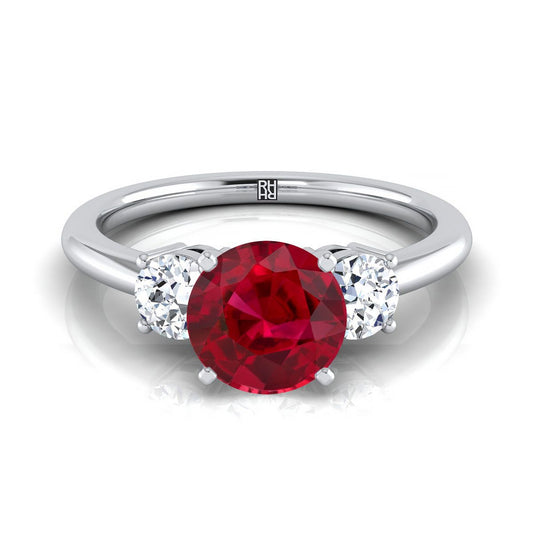 18K White Gold Round Brilliant Ruby Perfectly Matched Round Three Stone Diamond Engagement Ring -1/4ctw