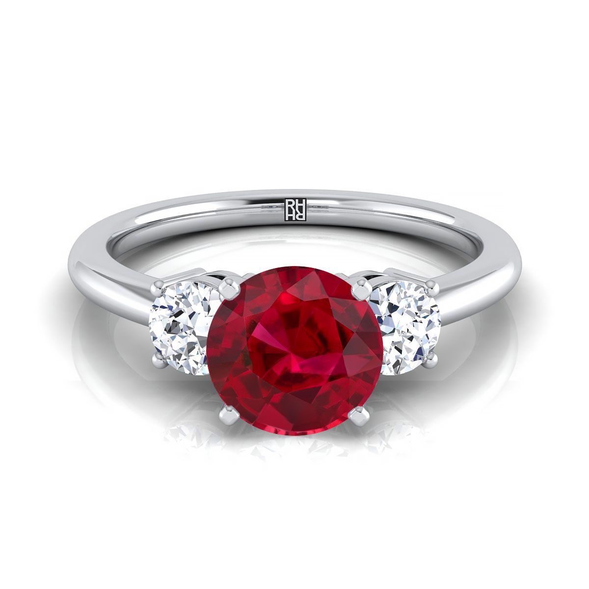 18K White Gold Round Brilliant Ruby Perfectly Matched Round Three Stone Diamond Engagement Ring -1/4ctw