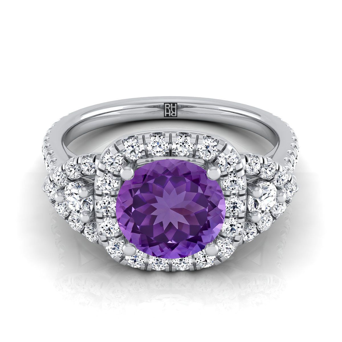 18K White Gold Round Brilliant Amethyst Delicate Three Stone Halo Pave Diamond Engagement Ring -5/8ctw