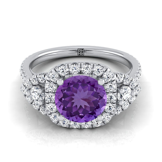 Platinum Round Brilliant Amethyst Delicate Three Stone Halo Pave Diamond Engagement Ring -5/8ctw
