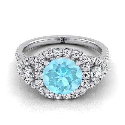14K White Gold Round Brilliant Aquamarine Delicate Three Stone Halo Pave Diamond Engagement Ring -5/8ctw