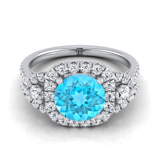Platinum Round Brilliant Swiss Blue Topaz Delicate Three Stone Halo Pave Diamond Engagement Ring -5/8ctw