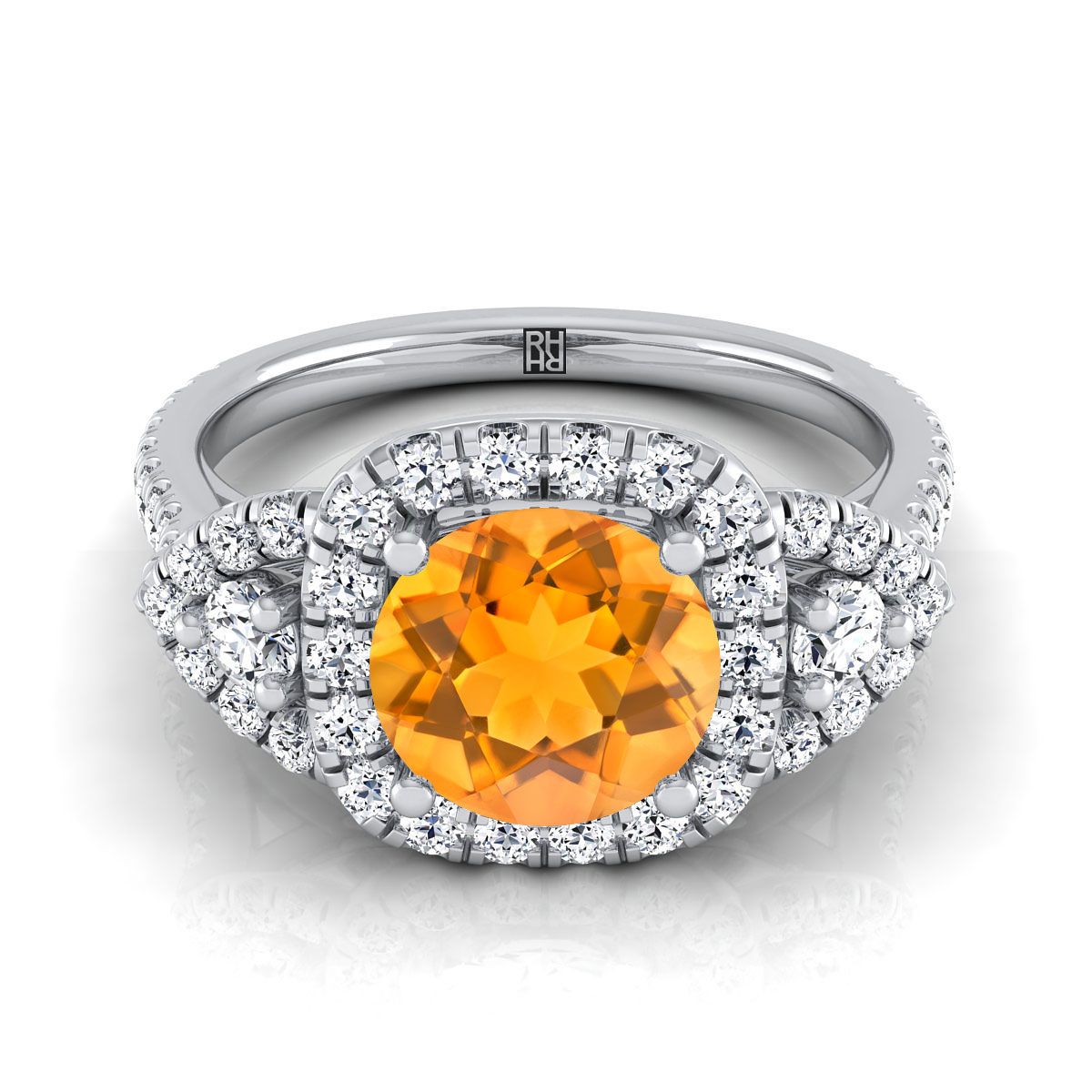 18K White Gold Round Brilliant Citrine Delicate Three Stone Halo Pave Diamond Engagement Ring -5/8ctw