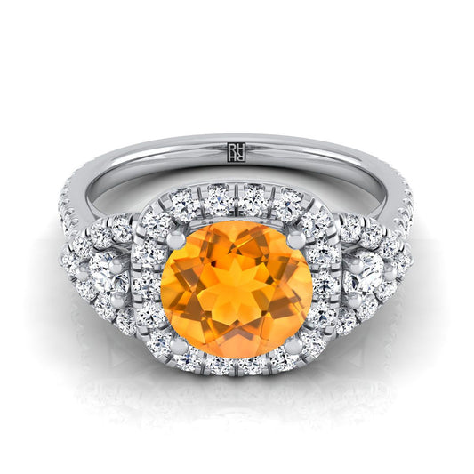 18K White Gold Round Brilliant Citrine Delicate Three Stone Halo Pave Diamond Engagement Ring -5/8ctw