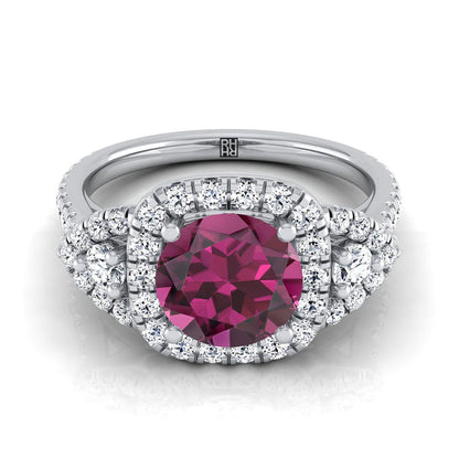 18K White Gold Round Brilliant Garnet Delicate Three Stone Halo Pave Diamond Engagement Ring -5/8ctw