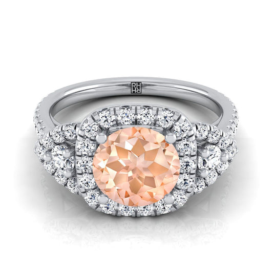 18K White Gold Round Brilliant Morganite Delicate Three Stone Halo Pave Diamond Engagement Ring -5/8ctw