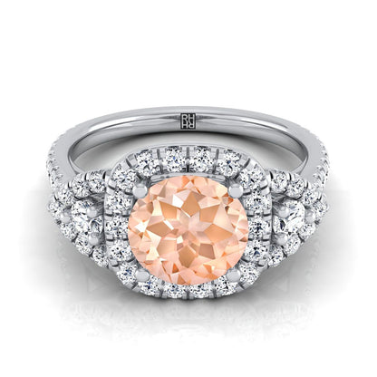 14K White Gold Round Brilliant Morganite Delicate Three Stone Halo Pave Diamond Engagement Ring -5/8ctw