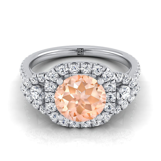 Platinum Round Brilliant Morganite Delicate Three Stone Halo Pave Diamond Engagement Ring -5/8ctw