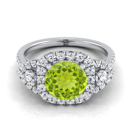 Platinum Round Brilliant Peridot Delicate Three Stone Halo Pave Diamond Engagement Ring -5/8ctw
