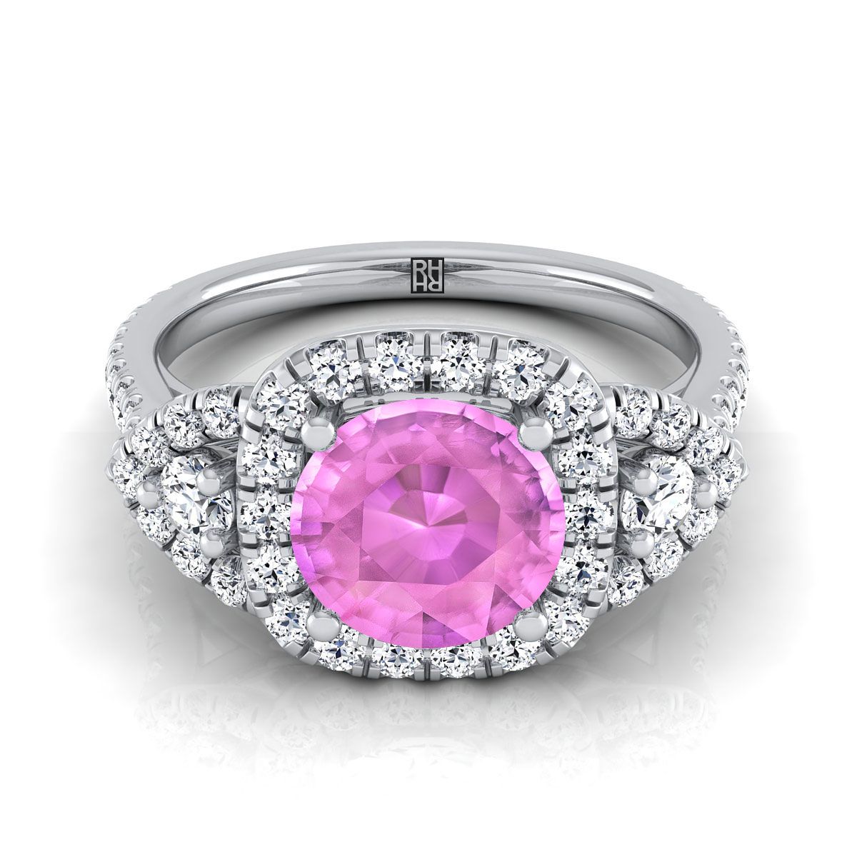 14K White Gold Round Brilliant Pink Sapphire Delicate Three Stone Halo Pave Diamond Engagement Ring -5/8ctw