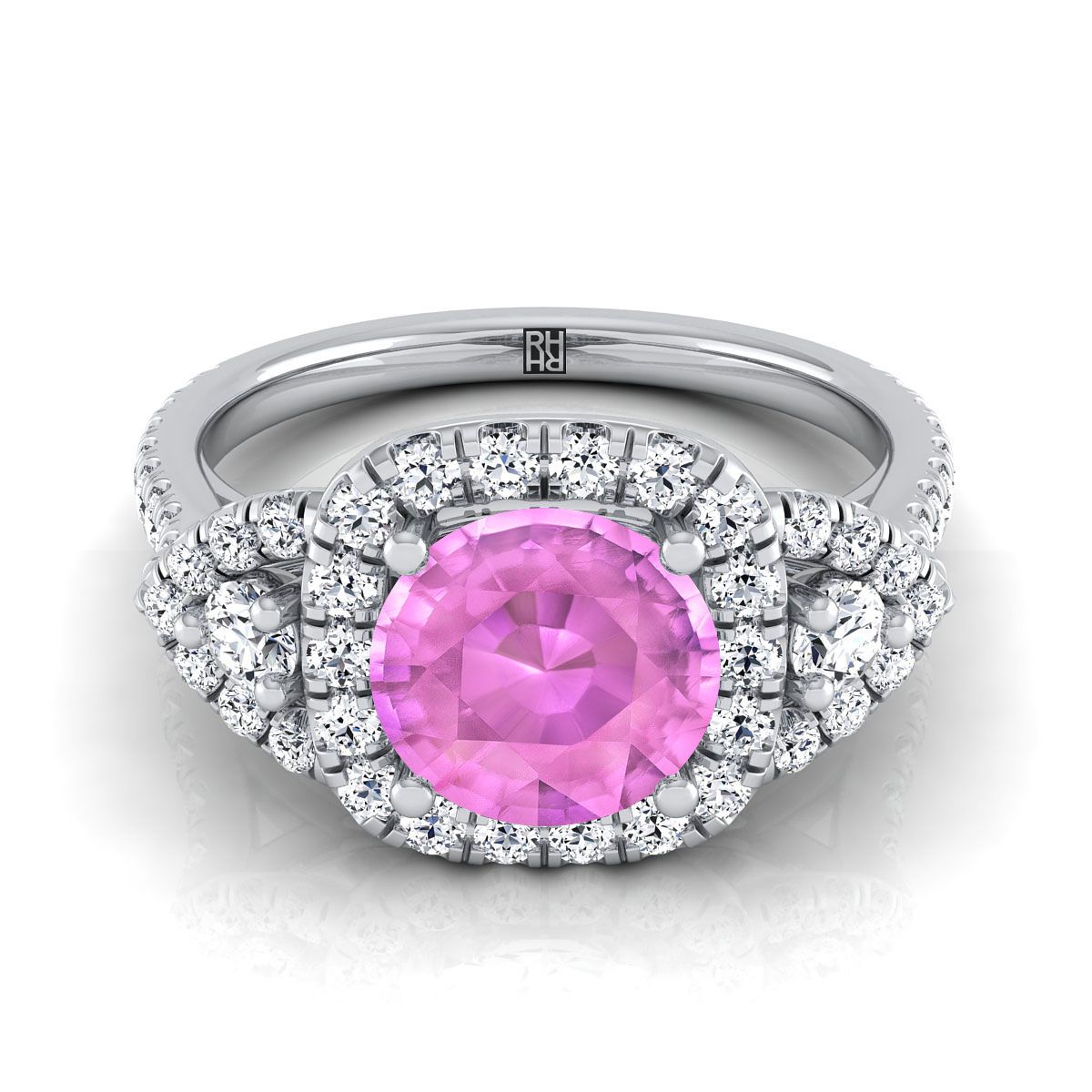 Platinum Round Brilliant Pink Sapphire Delicate Three Stone Halo Pave Diamond Engagement Ring -5/8ctw