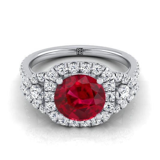 18K White Gold Round Brilliant Ruby Delicate Three Stone Halo Pave Diamond Engagement Ring -5/8ctw