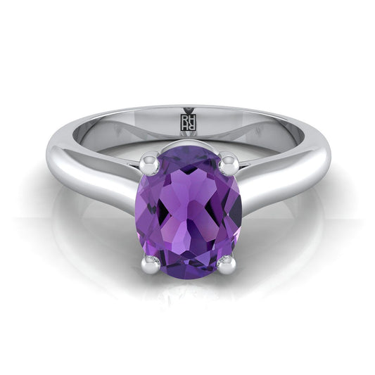 14K White Gold Oval Amethyst Pinched Comfort Fit Claw Prong Solitaire Engagement Ring