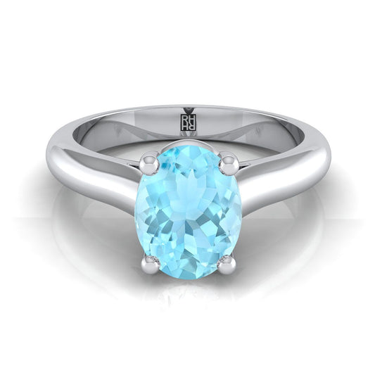 14K White Gold Oval Aquamarine Pinched Comfort Fit Claw Prong Solitaire Engagement Ring