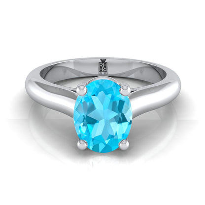 14K White Gold Oval Swiss Blue Topaz Pinched Comfort Fit Claw Prong Solitaire Engagement Ring