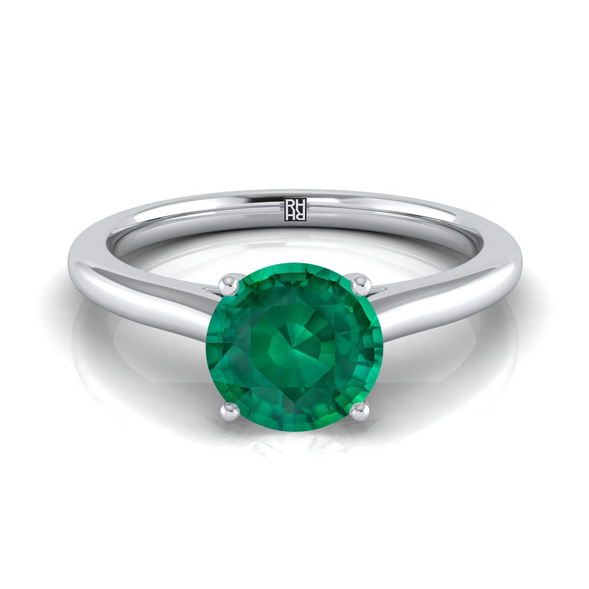 18K White Gold Round Brilliant Emerald Pinched Comfort Fit Claw Prong Solitaire Engagement Ring