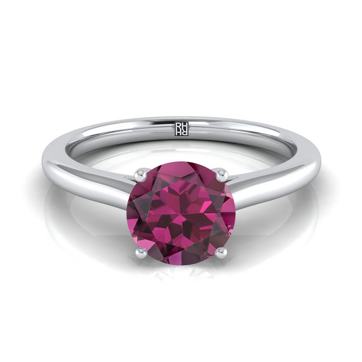 18K White Gold Round Brilliant Garnet Pinched Comfort Fit Claw Prong Solitaire Engagement Ring