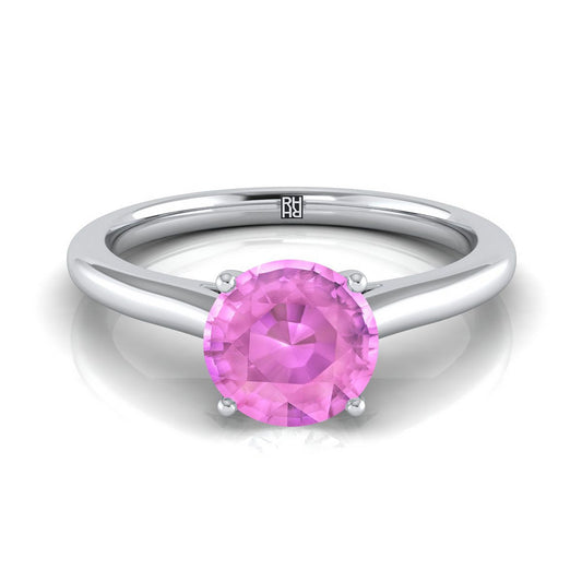 Platinum Round Brilliant Pink Sapphire Pinched Comfort Fit Claw Prong Solitaire Engagement Ring