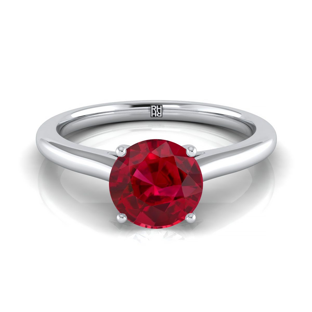 18K White Gold Round Brilliant Ruby Pinched Comfort Fit Claw Prong Solitaire Engagement Ring
