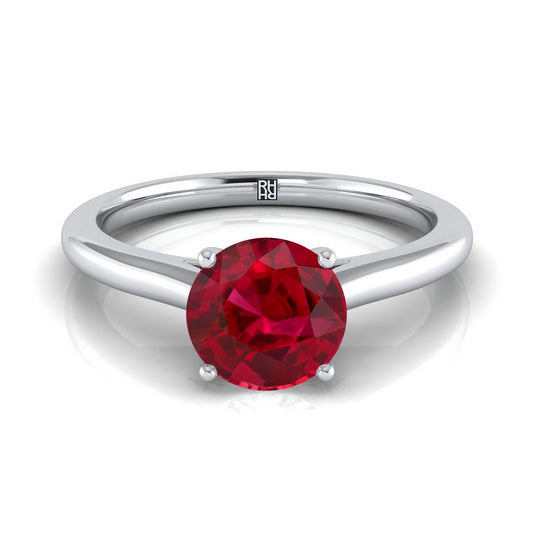 18K White Gold Round Brilliant Ruby Pinched Comfort Fit Claw Prong Solitaire Engagement Ring