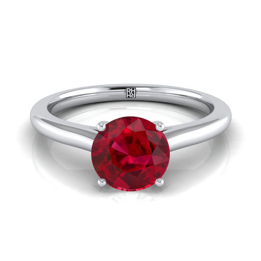 Platinum Round Brilliant Ruby Pinched Comfort Fit Claw Prong Solitaire Engagement Ring